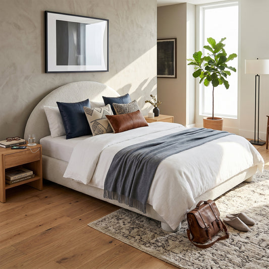 Queen Boucle Fabric Platform Bed, Curved Arched Upholstered Bed Frame with Wooden Slats, White