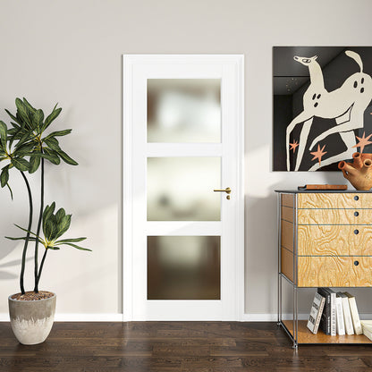 28" X 80"3-Lite Glass Door,Preassembled Frosted Glass French Door,MDF Wood Panel,for Utility Room Pantry Closet Laundry Room, Bathroom,w/o Hardware,White