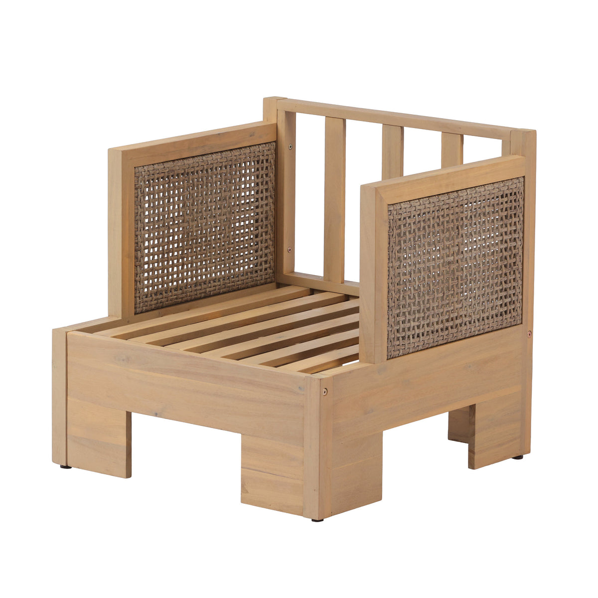 Acacia wood and rattan-woven armrests outdoor club chair with a deep seat and soft cushion, suitable for gardens, backyards, porches, and balconies,Set 2(Light Teak+Light Brown Wicker+Beige Cushion).