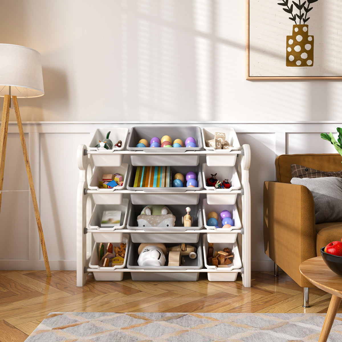 Multi-functional Kids Toy Storage Organizer Cabinet with HDPE Shelf and 12 Bins, Grey White, 33.07 x 14.17 x 33.86 inches