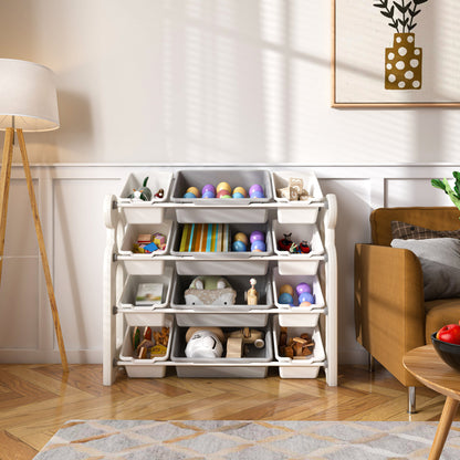 Multi-functional Kids Toy Storage Organizer Cabinet with HDPE Shelf and 12 Bins, Grey White, 33.07 x 14.17 x 33.86 inches