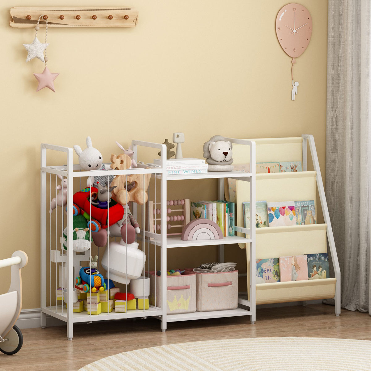 Kids Bookshelf and Toy Storage, 3-in-1 Book Shelf for Kids Rooms, Sling Baby Bookcase with Stuffed Animal Storage, Toddler Montessori Bookshelf for Nursery, Playroom, Kindergarten, White