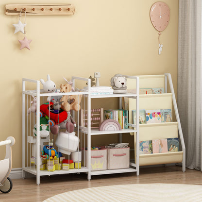 Kids Bookshelf and Toy Storage, 3-in-1 Book Shelf for Kids Rooms, Sling Baby Bookcase with Stuffed Animal Storage, Toddler Montessori Bookshelf for Nursery, Playroom, Kindergarten, White