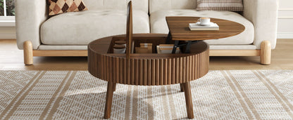 Modern Round Lift-Top Coffee Table with Half Flip-Top & Hidden Storage, Solid Wood Mid-Century Coffee Table with Fluted Design, 30.3' Walnut Space-Saving Center Table for Living Room