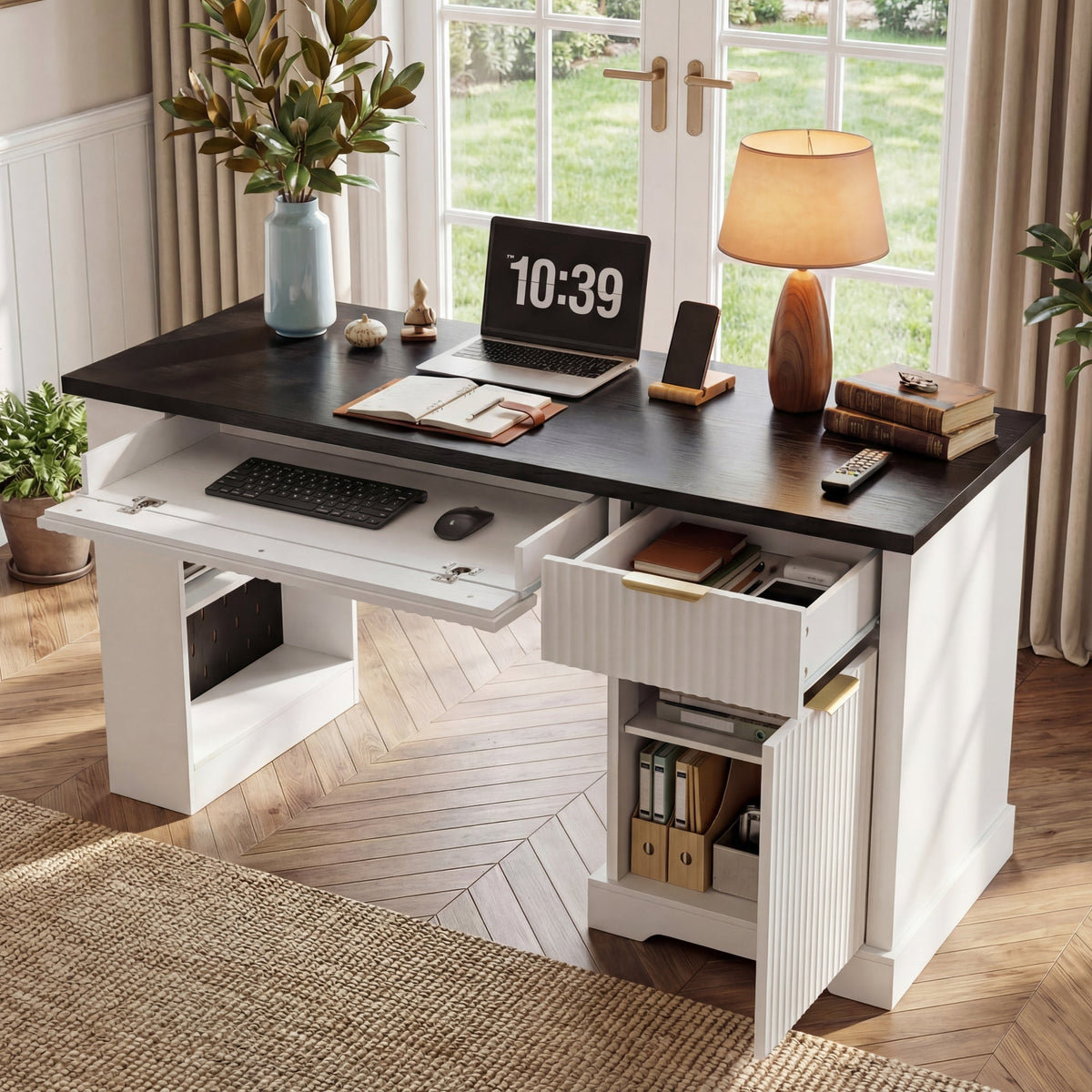 55" Modern Fluted Office Desk with Storage Cabinet & Drawers, Computer Writing Desk with Power Outlet, Pegboard