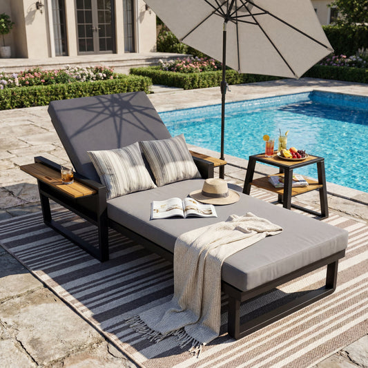 Black Iron & Teak Finish Chaise Lounge Set: 1 Frame + 1 2-Fold Dark Grey Cushion, 400 lbs Capacity, 4-Position Adjustable Backrest, 4" Thick Water-Resistant Cushion for Patio Poolside Backyard