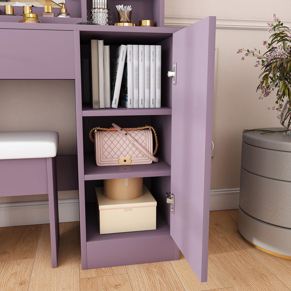 Modern Purple Vanity Desk Set with Padded Stool and Adjustable LED Mirror, 3 Color Light Modes, MDF Construction
