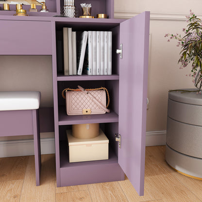 Modern Purple Vanity Desk Set with Padded Stool and Adjustable LED Mirror, 3 Color Light Modes, MDF Construction