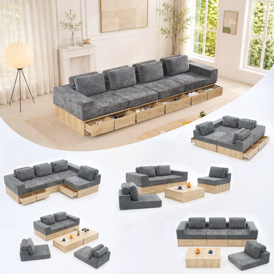 Modular Sectional Sofa with Storage Drawers, Multi-Functional L-Shaped Couch with Built-In Cabinet Base and Center Table Design, Convertible Combination Sofa Set, Modern Upholstered Sofa