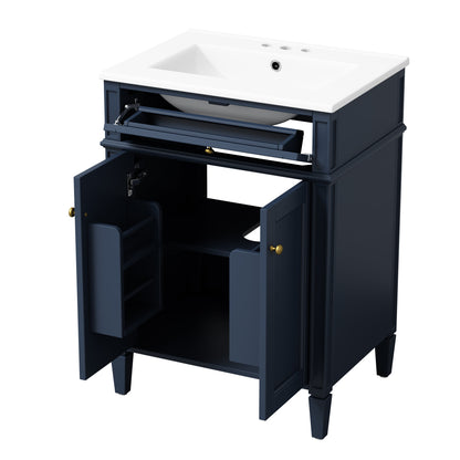 Modern Blue Bathroom Vanity with 2 Doors and Tip-Out Drawer, Ceramic Sink, Soft-Closing Hinges, Solid Wood Frame, 24'