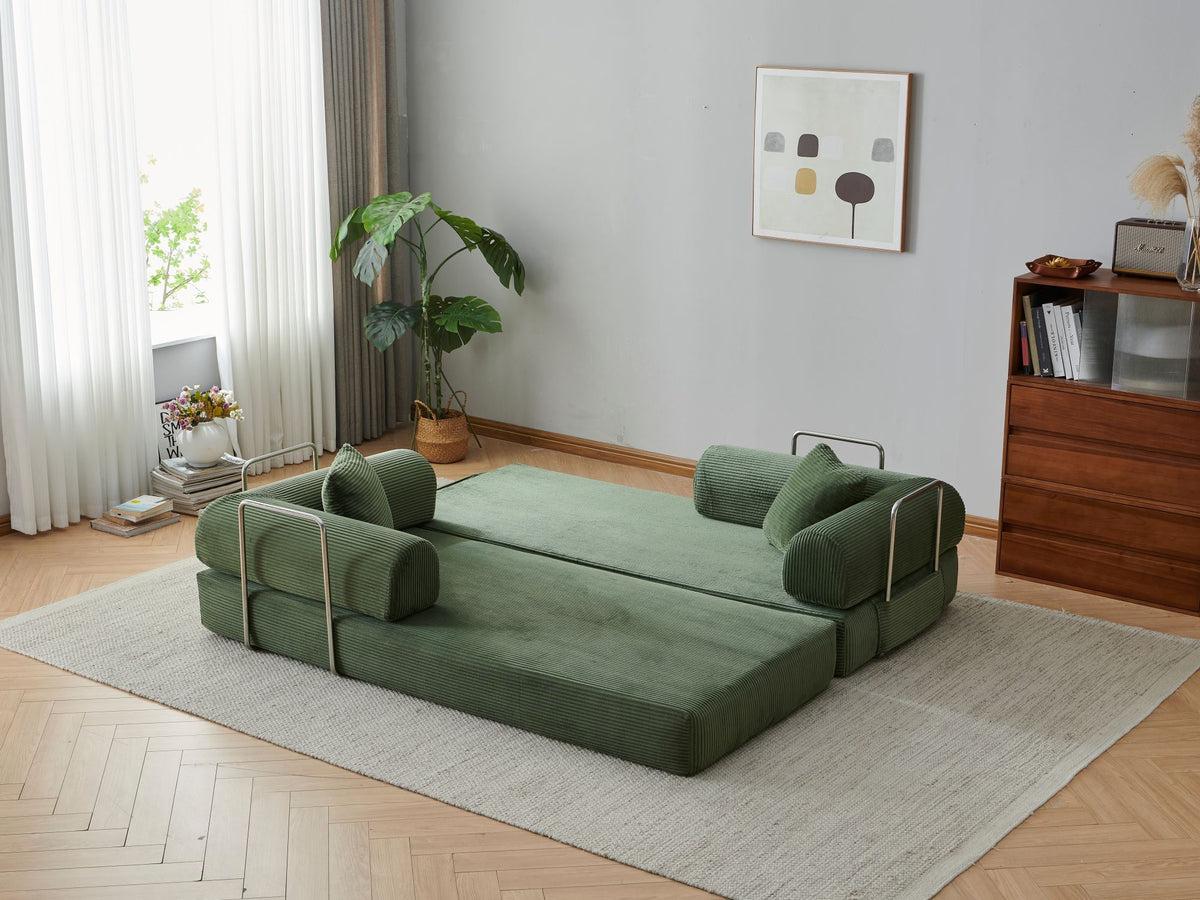 78.8' Compression Sofa,Convertible Floor Sofa Bed-with Pillow Back Support Armrest,Comfy Futon Couch Sleeper Bed,Loveseats Boneless Modular Sectional Sofa,Corduroy fabric,for Living Room,Bedroom,Green
