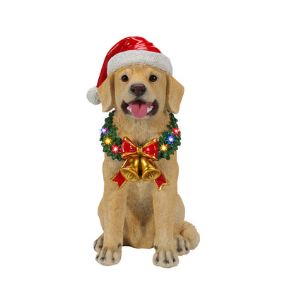Lighted Christmas Labrador Retriever Dog Statue, Santa Hat Puppy Figurine with LED Wreath and Bells