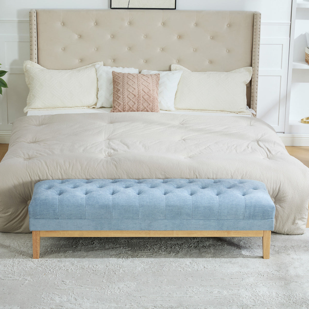 63'' Wide Upholstered Chenille Accent End of Bed Bench Ottoman With Nature-finished Rubberwood Legs, Tufted Footstool with Padded Seat for Window Entryway Living Room Bedroom Dining Hallway, Blue
