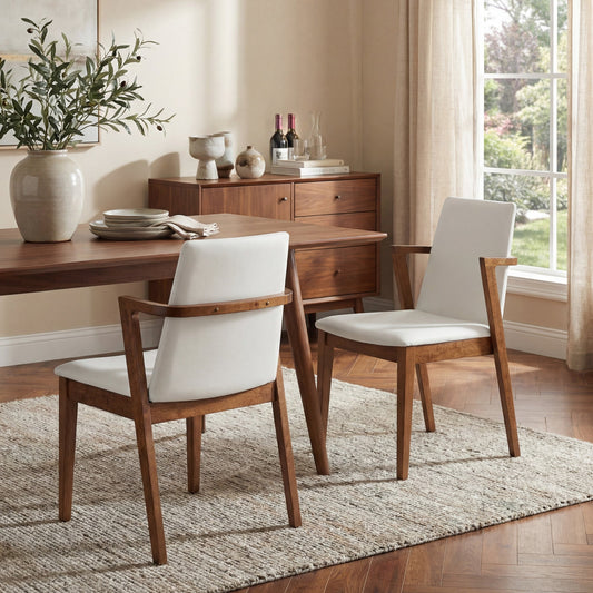 Mid-Century Modern Dining Chairs Set of 2 - Beige PU Upholstered Armchairs with Walnut Color Rubber Wood Frame, 250lbs Capacity for Kitchen & Dining Room