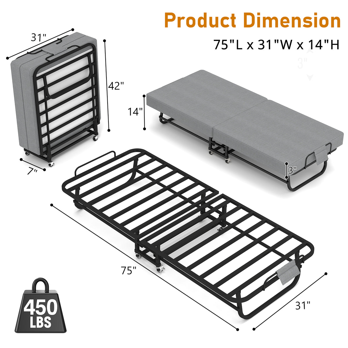 75" Folding Bed with Memory Foam Mattress, 4 Lockable Wheels Portable & Space Saving, Reinforced Steel Frame Quietly Supports 450 lbs, Folds Upright – Essential for Small Apartments & Guest Rooms