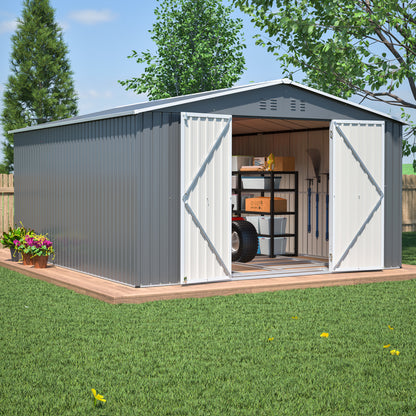11x13 FT Metal Storage Shed with Reinforced Floor Frame Large 140.5 ft² Outdoor Garden Tool House Lockable Doors & 4 Air Vents Weatherproof