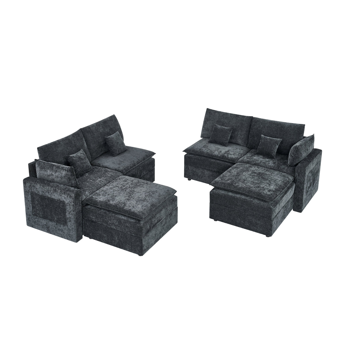 132' Cloud Modular Sectional Sofa, Deep Seat U Shaped Couch with Ottoman, Chenille Upholstered Sofa with Chaise, Plush Cushions, 6 Seat Modern Comfy Couch for Living Room & Apartment, Black