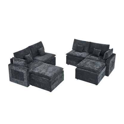 132' Cloud Modular Sectional Sofa, Deep Seat U Shaped Couch with Ottoman, Chenille Upholstered Sofa with Chaise, Plush Cushions, 6 Seat Modern Comfy Couch for Living Room & Apartment, Black