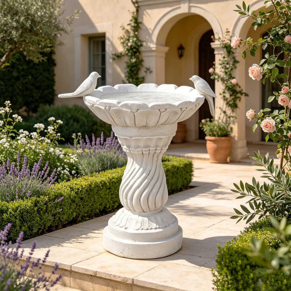 16.54' Garden Bird Bath Statue, Magnesium Oxide White Pedestal Birdbath, Outdoor Bird Water Bowl with Bird Sculpture, Yard Lawn Patio Ornament, Gift for Garden & Bird Lovers
