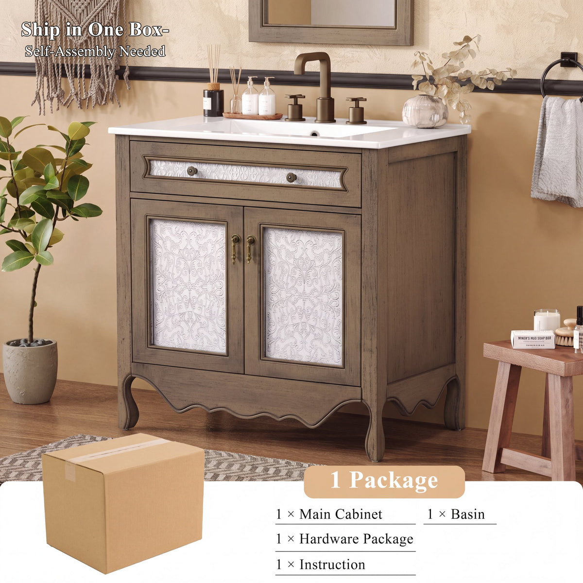 30' Antique Pattern Bathroom Vanity with Rectangle Ceramic Sink, Bathroom Vanity Cabinet with Tip-Out Tray / Flip-Out Drawer, Equipped with Antique Handles and Rubber Wood legs, Vintage Light Brown
