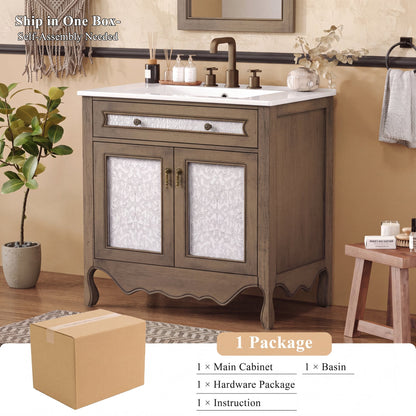 30' Antique Pattern Bathroom Vanity with Rectangle Ceramic Sink, Bathroom Vanity Cabinet with Tip-Out Tray / Flip-Out Drawer, Equipped with Antique Handles and Rubber Wood legs, Vintage Light Brown