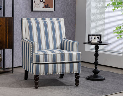 Upholstered Accent Chair, Vintage Armchair with Solid Wood Legs, Blue and White Striped Linen Fabric and Nailhead Trim for Living Room