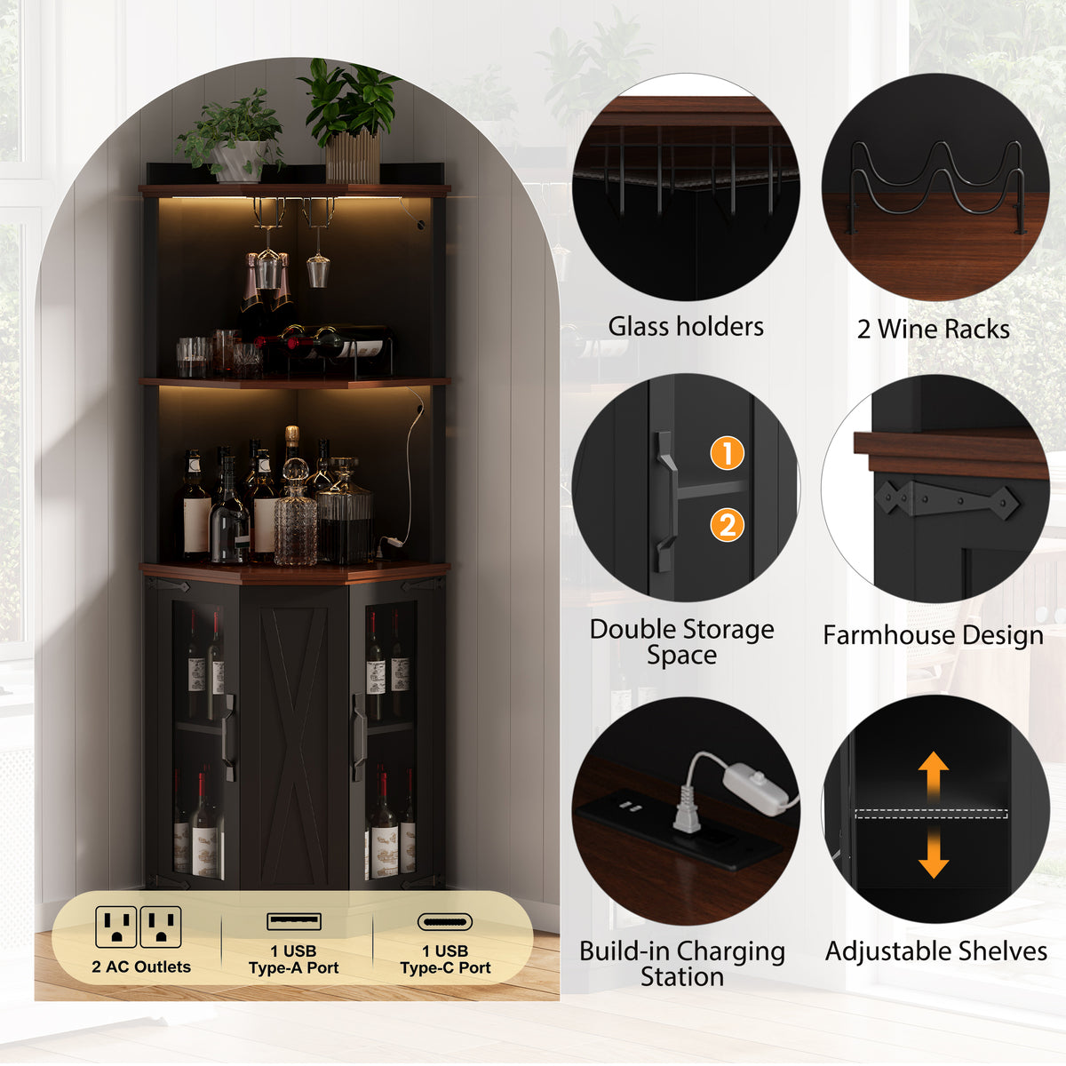67.3" Corner Bar Cabinet with Power Outlet, Farmhouse Wine Bar Cabinet with Adjustable Shelves for Home,with Lights & Glass Rack for Dining Room, Living Room, Kitchen