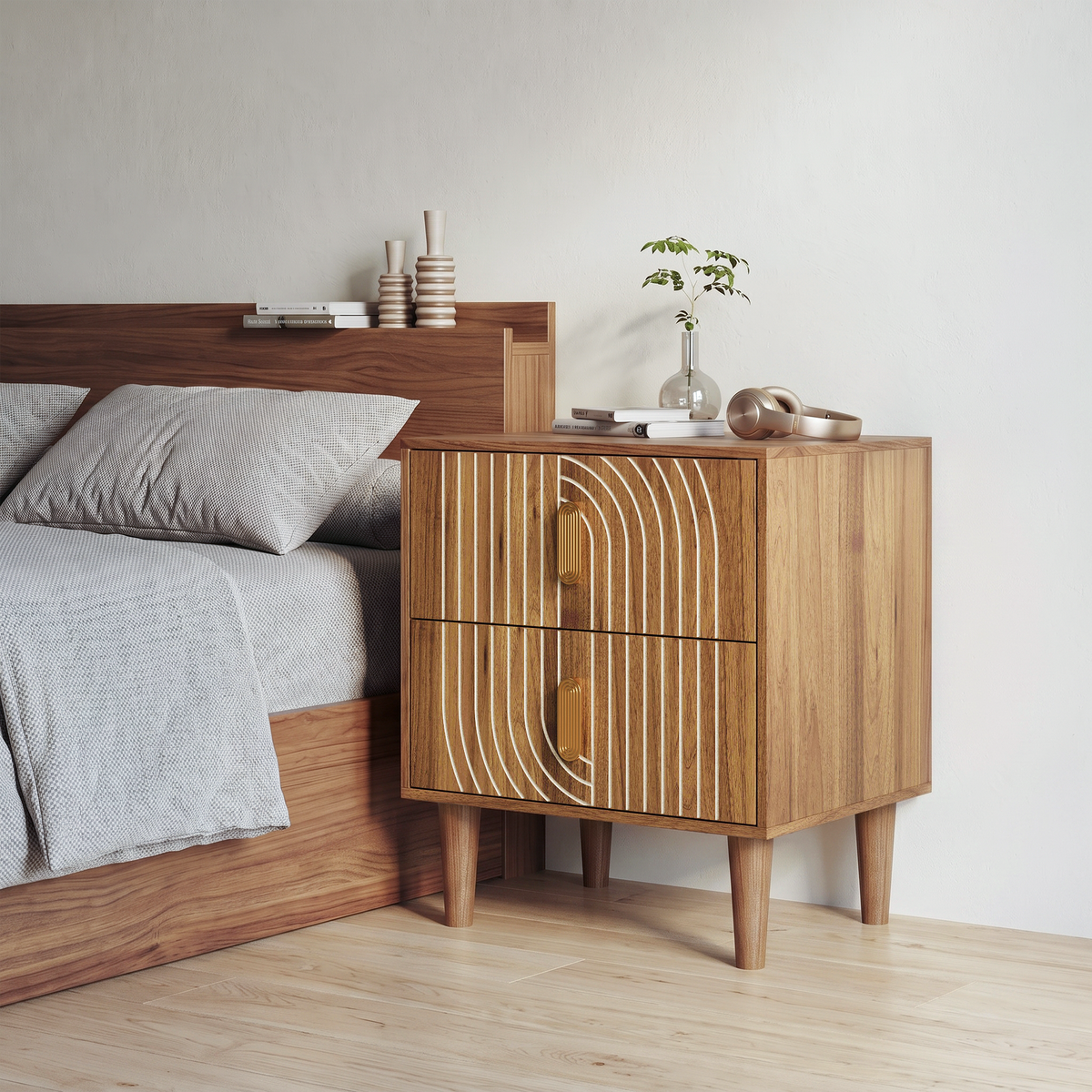 Medieval-style modern bedside table with double drawers for storage and solid wood legs; bedroom side table, bedside storage cabinet, compact bedside table, walnut color.