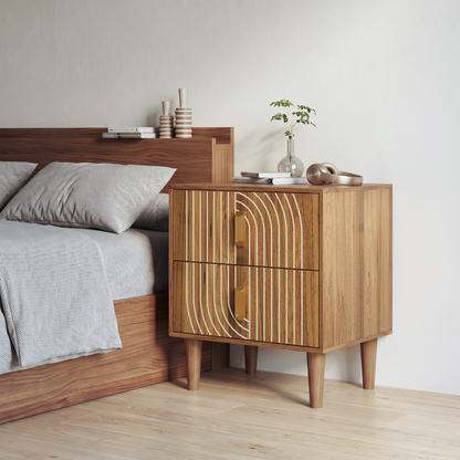 Medieval-style modern bedside table with double drawers for storage and solid wood legs; bedroom side table, bedside storage cabinet, compact bedside table, walnut color.