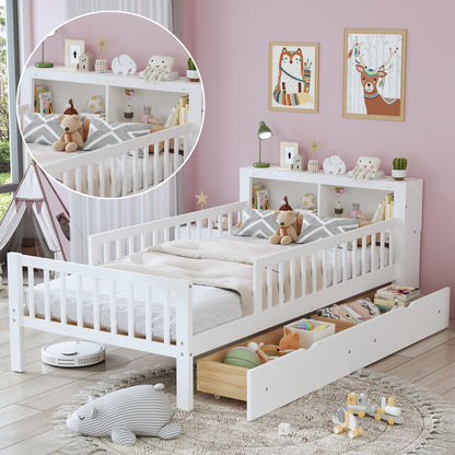 Twin Size Bed with Headboard Storage Rack, Two Under-Bed Drawers, Three-Side Guardrails for Safety and Security, White
