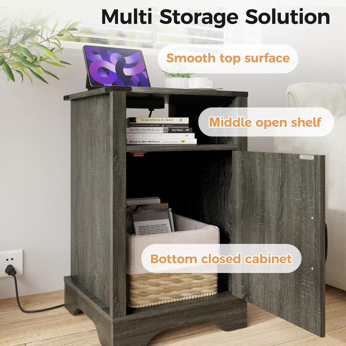Farmhouse Nightstand with Charging Station Wooden Rustic End Table for Bedroom, Living Room, 16" D x 16" W x 25" H(Set of 1), Dark Grey