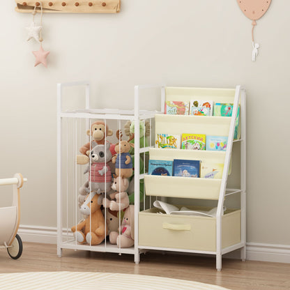 Kids Bookshelf and Toy Storage Organizer, Dual-Sided Children Bookshelf with Figure Display Storage and Book Sling Pockets, Toy Organizer for Playroom, Bedroom and Nursery