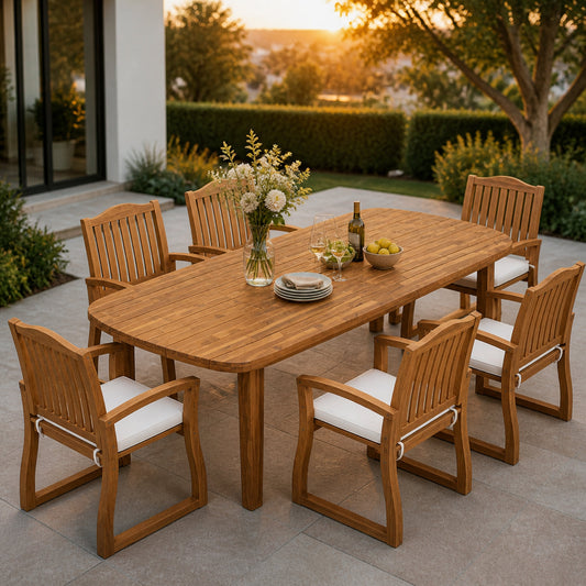 7‑Piece Acacia Wood Outdoor Dining Set, 71' Boat‑Shaped Oval Slatted Teak Finish Table, 6 Arm Chairs with Cream Waterproof Fabric Cushions for Patio Backyard Garden