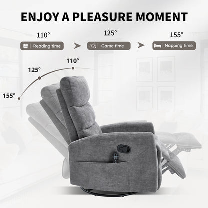 Heat Massage Manual Recliner Chair with Rocker and Swivel in Fabric, Grey – Model W3224P322251