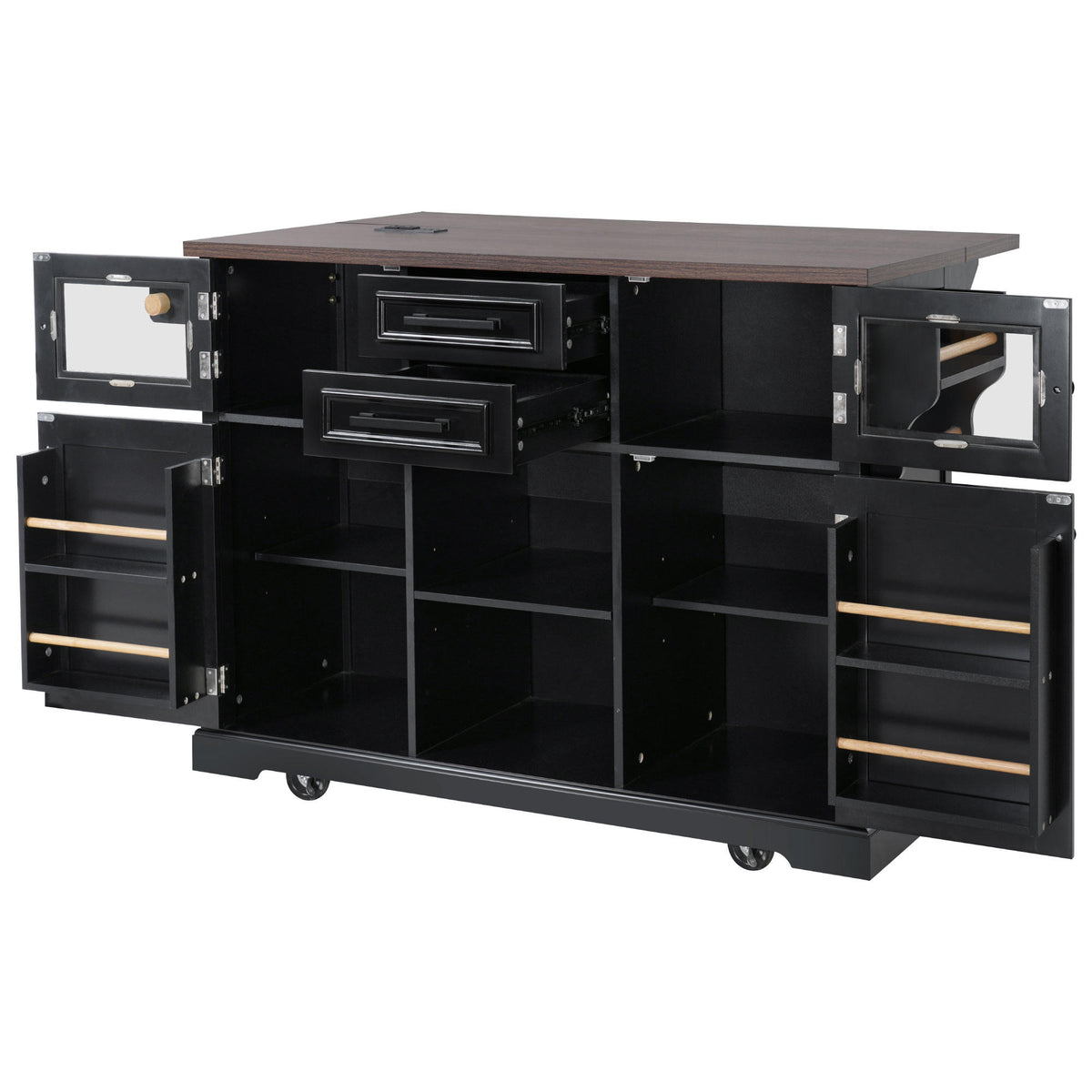 K&K 54.9" Kitchen Island with Drop Leaf, Power Outlet, Kitchen Storage Cart with 4 Door Shelves, Cross Barn Doors & Visual Glass Door – Black