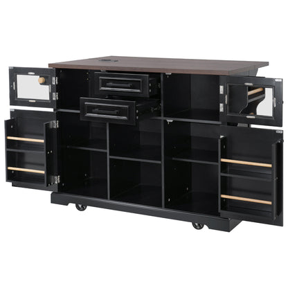 K&K 54.9" Kitchen Island with Drop Leaf, Power Outlet, Kitchen Storage Cart with 4 Door Shelves, Cross Barn Doors & Visual Glass Door – Black