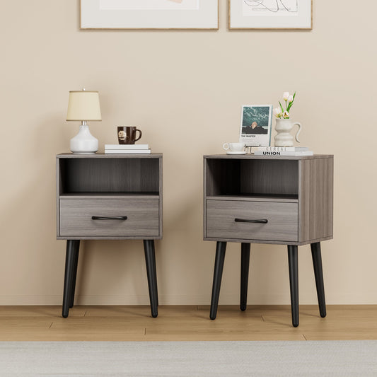 Two sets of Nightstand, modern style bedside table, With storage drawers and open wooden shelves