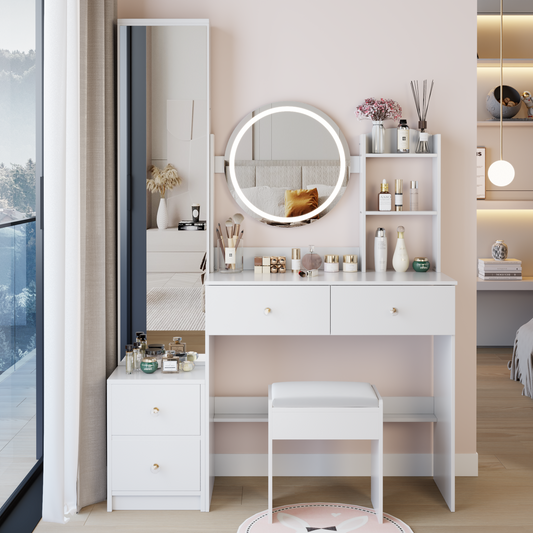 Full Body Mirror Cabinet + Round Mirror LED Vanity Table + Cushioned Stool, 17" diameter LED Mirror, Touch Control, 3-color