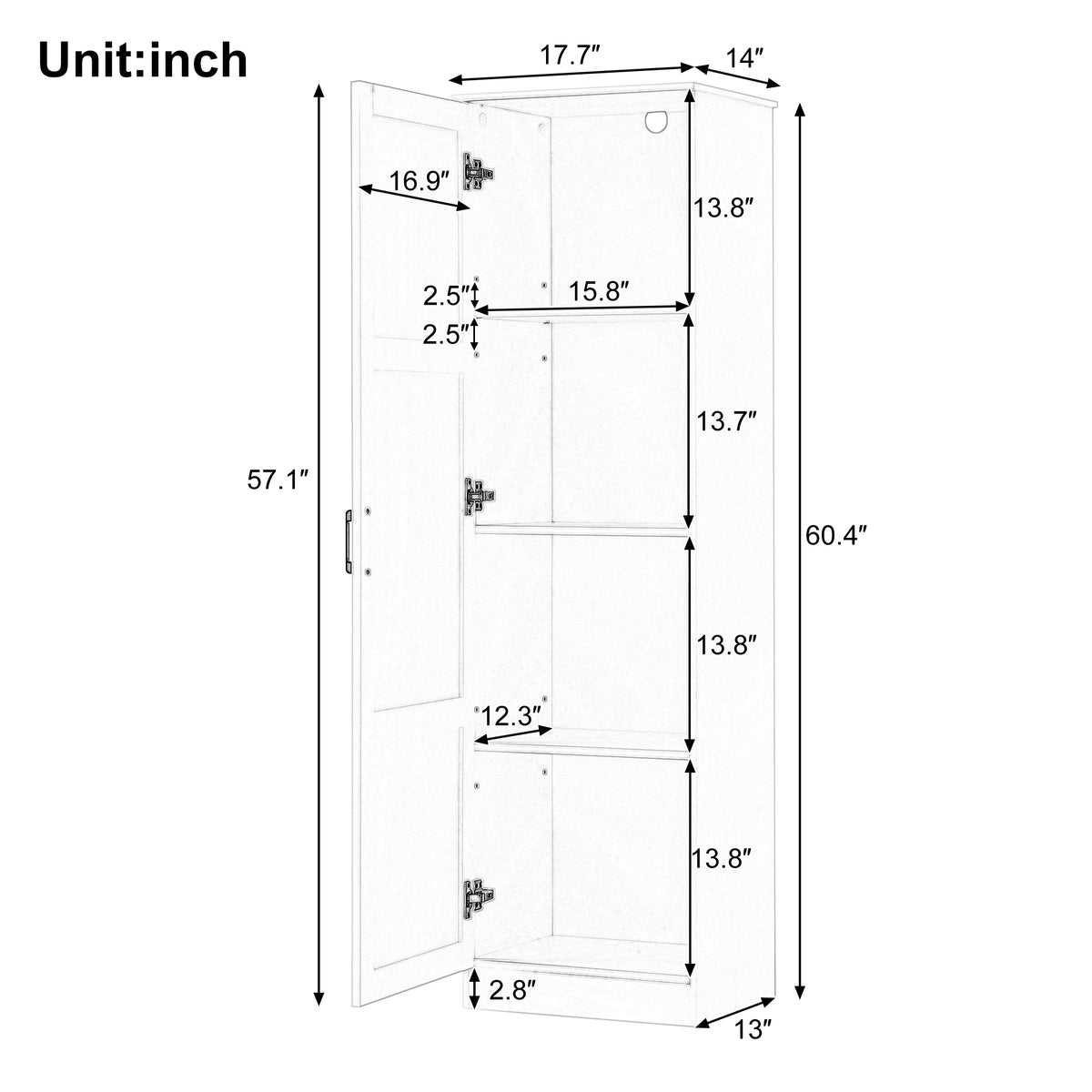 Storage Cabinet with One Door for Bathroom, Office, Adjustable Shelf, MDF Board, White