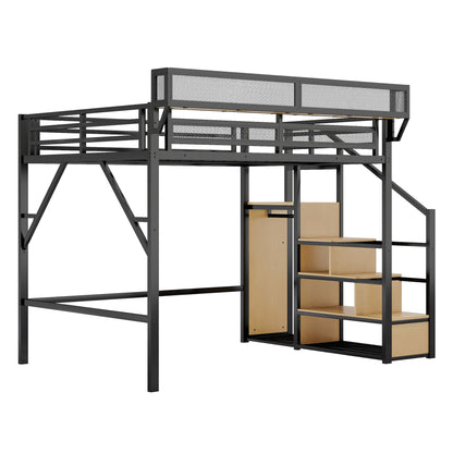 Queen Size Loft Bed with Stairs, Metal Queen Loft Bed with Storage Shelves, High Loft Bed with Wardrobe for Kids Teens Adults, Black(Old SKU W2580S00028 ) Patent Products