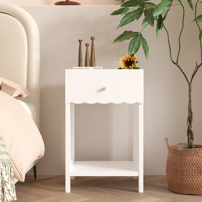 Modern White Nightstand with Drawer and Open Shelf,Scalloped Edge Bedside Table for Bedroom, Cute Minimalist Side Table for Kids Room or Girls' Room