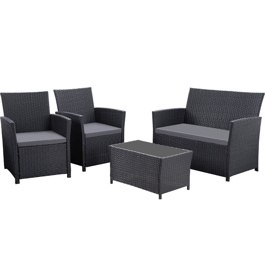 4 Piece Outdoor PE Wicker Furniture Set, Patio Black Rattan Sectional Sofa Couch with Washable Cushions