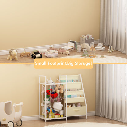 Kids Bookshelf and Toy Storage Organizer, Dual-Sided Children Bookshelf with Figure Display Storage and Book Sling Pockets, Toy Organizer for Playroom, Bedroom and Nursery