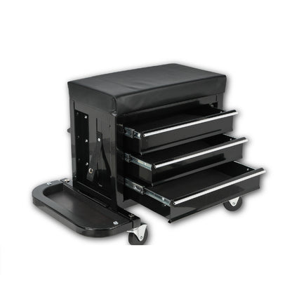 3-Drawer Tool Chest Rolling Mechanic Seat with Tool Trays, 350lbs Max Weight Capacity, Black