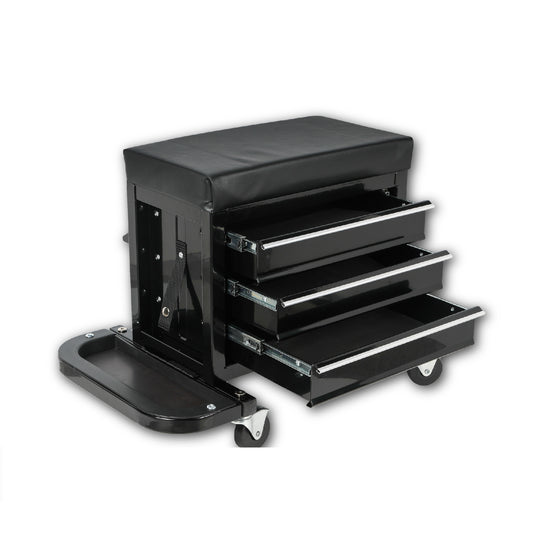 3-Drawer Tool Chest Rolling Mechanic Seat with Tool Trays, 350lbs Max Weight Capacity, Black