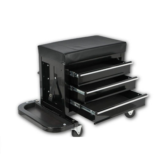 3-Drawer Tool Chest Rolling Mechanic Seat with Tool Trays, 350lbs Max Weight Capacity, Black
