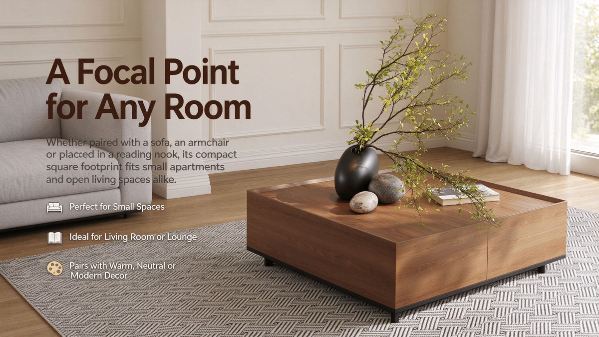 35.43" Square Walnut Finish Coffee Table with Hidden Drawer and Black Base, Modern Large Cocktail Center Table with Storage for Living Room, Apartment and Office