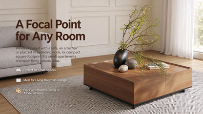 35.43" Square Walnut Finish Coffee Table with Hidden Drawer and Black Base, Modern Large Cocktail Center Table with Storage for Living Room, Apartment and Office