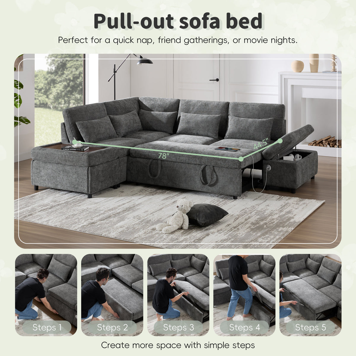 [VIDEO]107'' Sectional Sleeper Sofa Bed with Pull Out Couch, L-shaped with Adjustable Armrest, USB&Type-C Charging