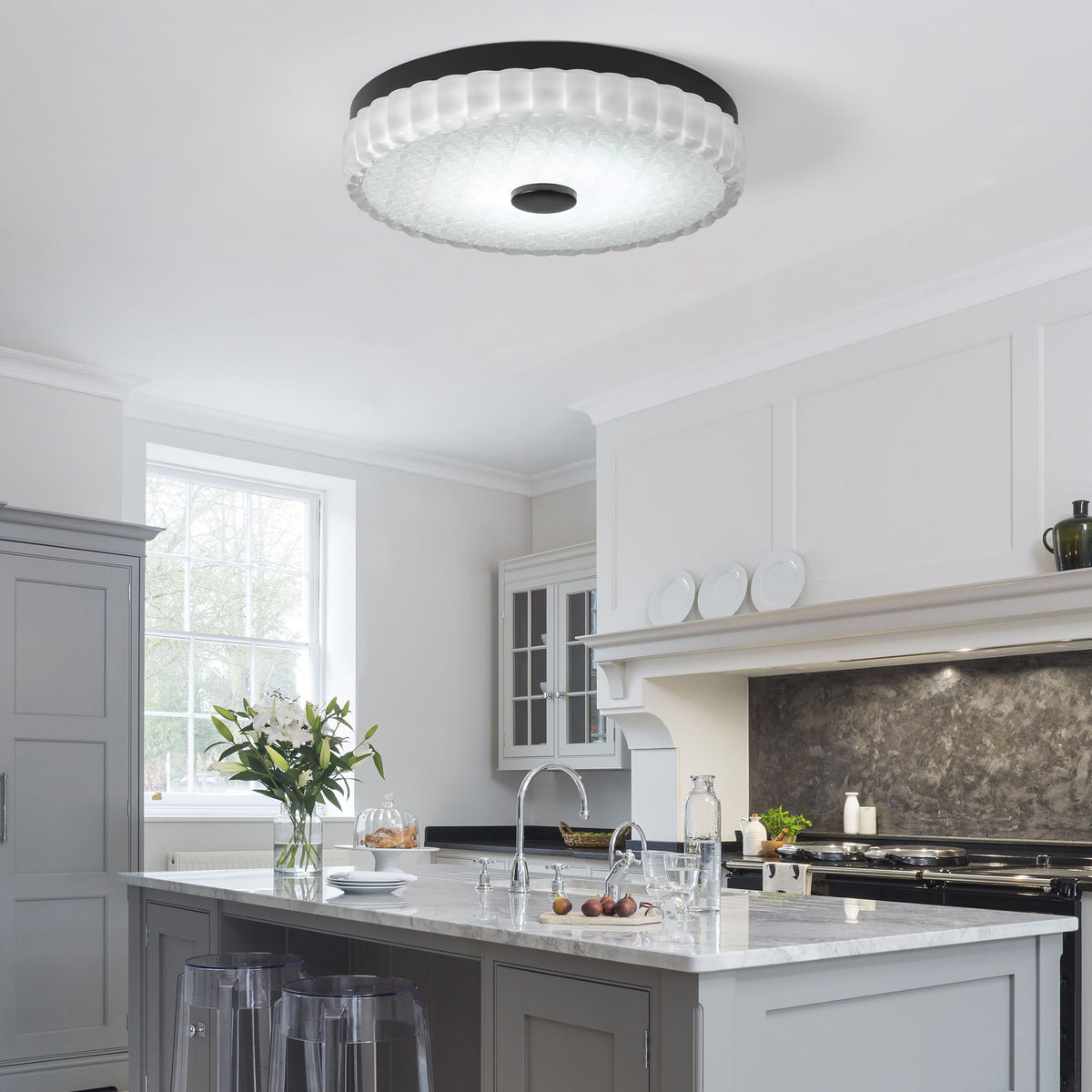 11.81" Flush Mount LED Ceiling Light, Black, 25W Dimmable with Remote Control, Metal Base & Glass Shade, CRI>90